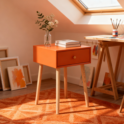 🍊 A Touch of Color, A Sense of Calm — Minimalist Wooden Side Table Designed to Add Character, Warmth, and Modern Elegance to Your Living Space