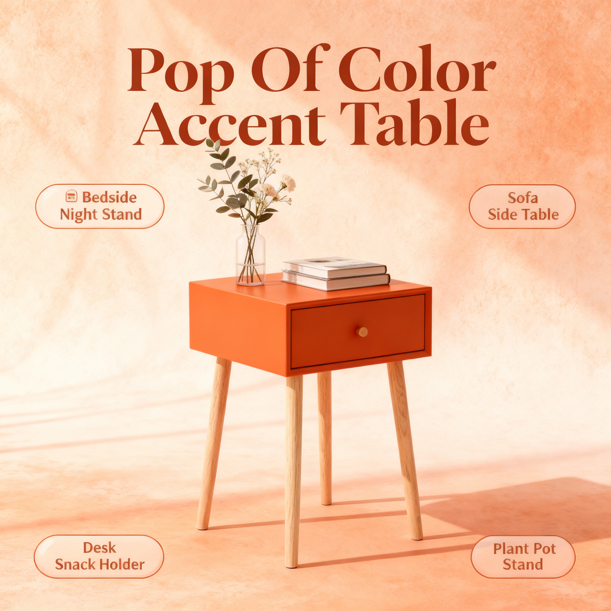 🍊 A Touch of Color, A Sense of Calm — Minimalist Wooden Side Table Designed to Add Character, Warmth, and Modern Elegance to Your Living Space