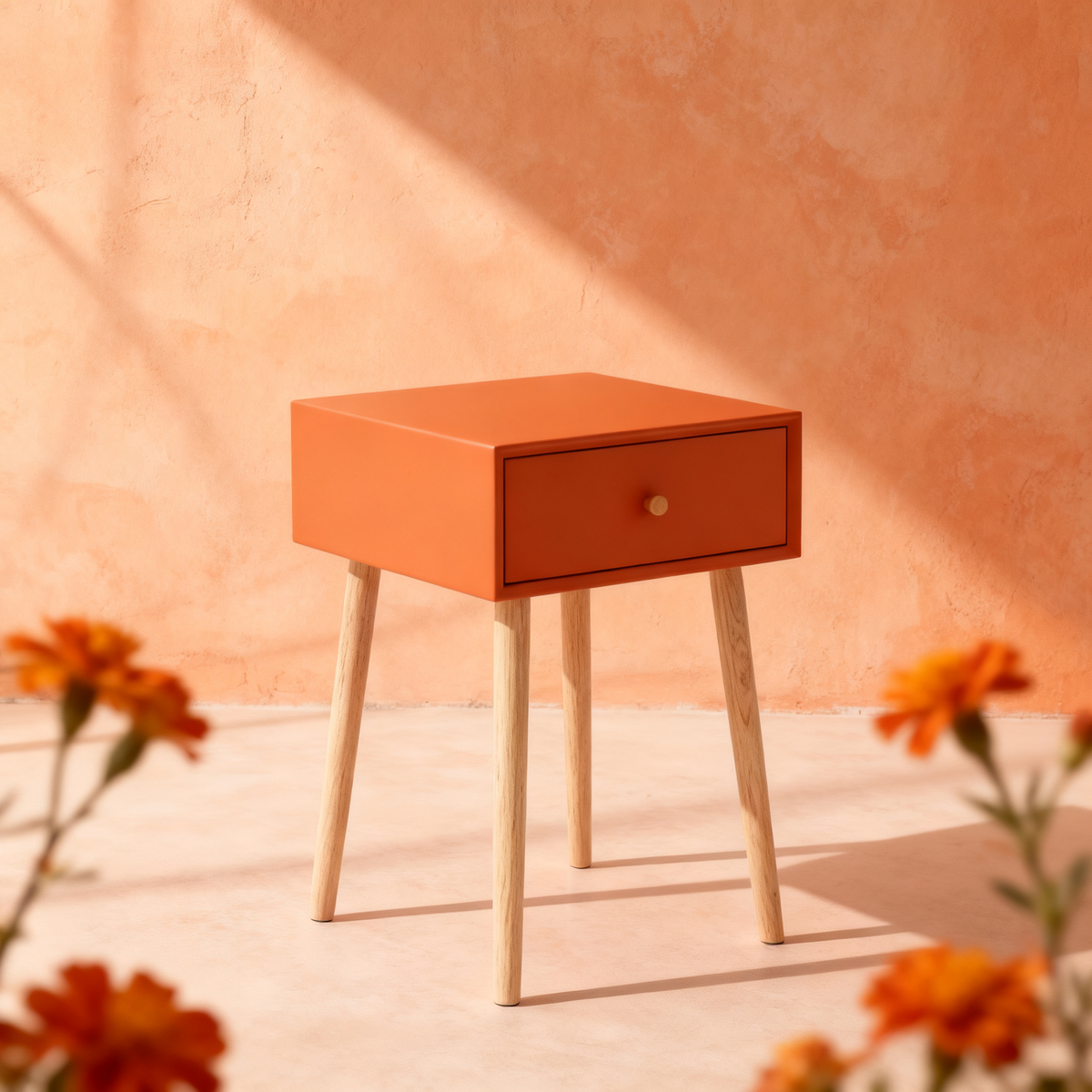 🍊 A Touch of Color, A Sense of Calm — Minimalist Wooden Side Table Designed to Add Character, Warmth, and Modern Elegance to Your Living Space