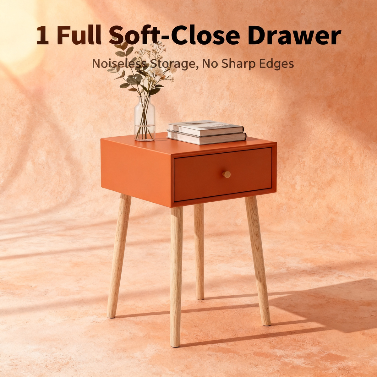 🍊 A Touch of Color, A Sense of Calm — Minimalist Wooden Side Table Designed to Add Character, Warmth, and Modern Elegance to Your Living Space