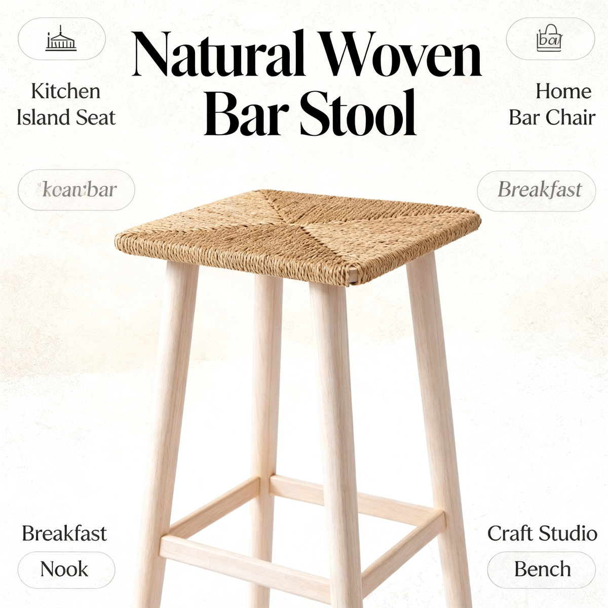 🌾 Woven Rattan Bar Stool — A Natural Handcrafted Seating Piece Designed To Add Warmth, Texture, and Relaxed Elegance To Your Kitchen Space